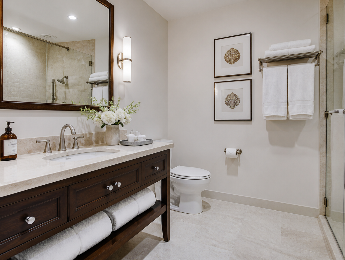 Immaculately cleaned vacation rental bathroom